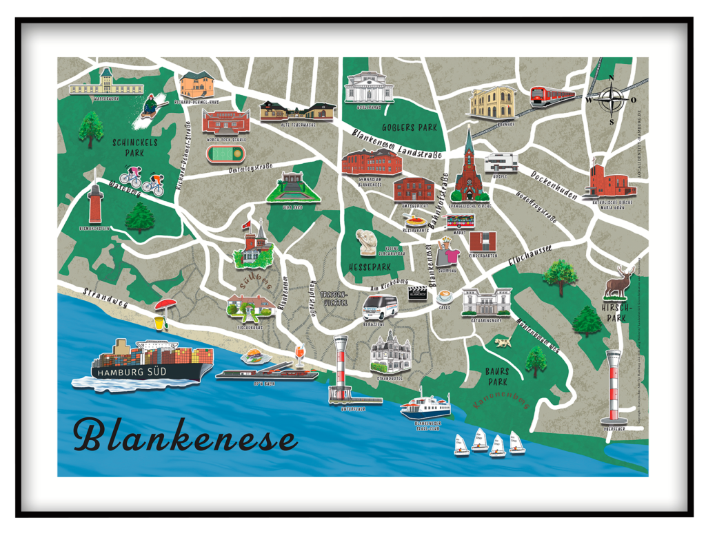 Stadtplan Karte Blankenese Hamburg Sehenswürdigkeiten A3 Souvenir Geschenk
