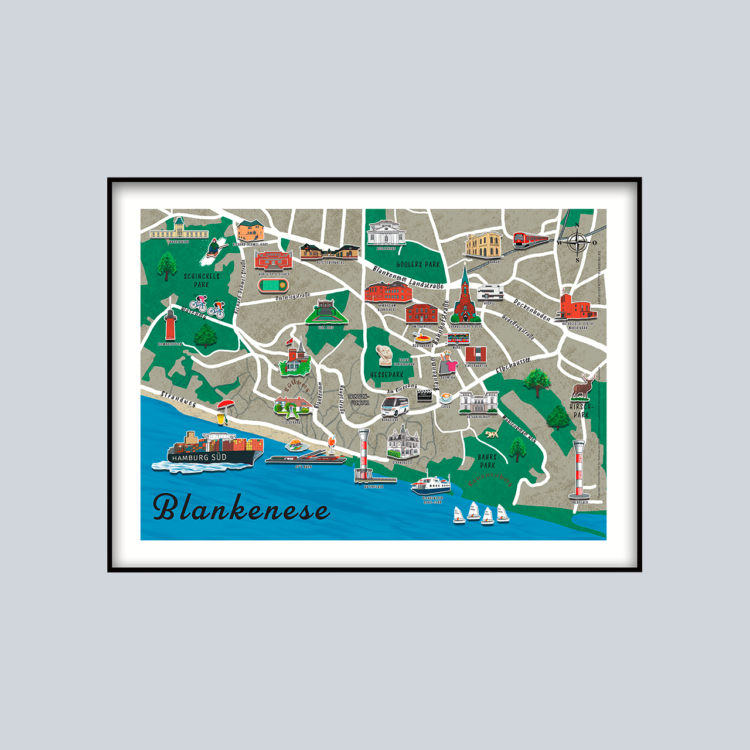 Poster Plakat Blankenese Stadtplan Karte Stadtplan Hamburg Sehenswürdigkeiten Souvenir Geschenk